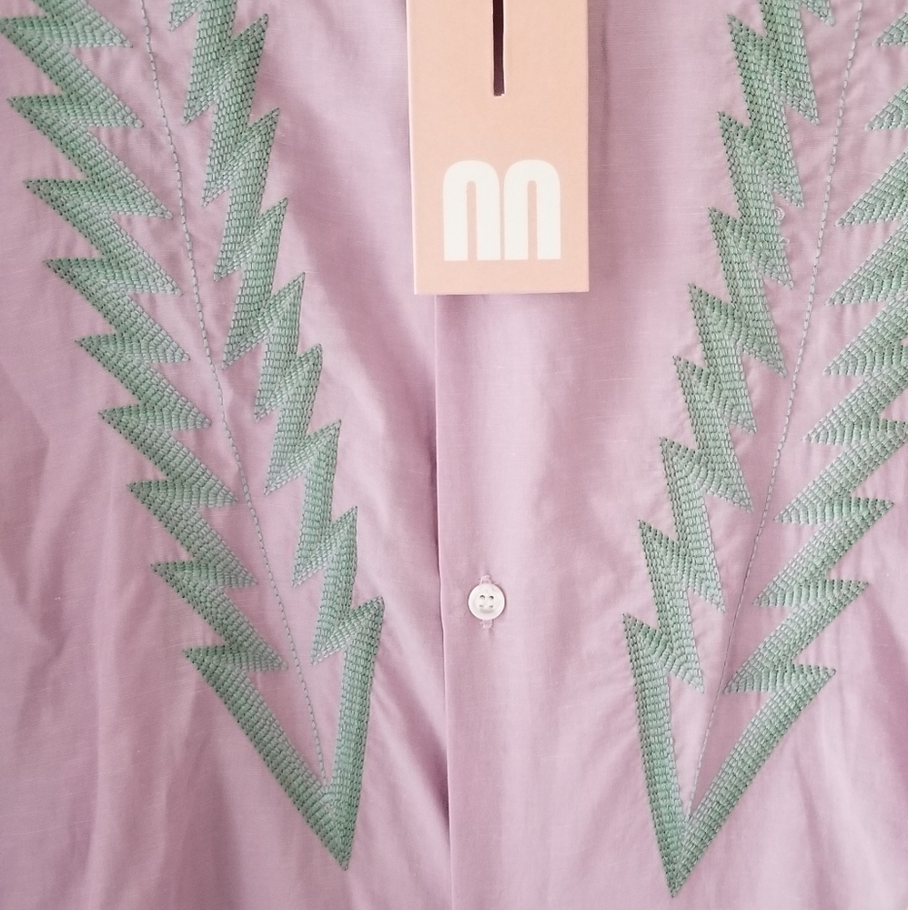 Double Rainbouu embroidered long sleeve, linen blend blouse, Magenta M